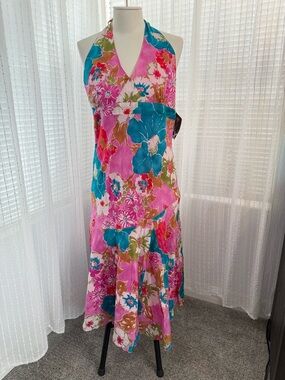 NWT Vintage Retro Roxy Pink Teal Floral Halter Sundress Size L